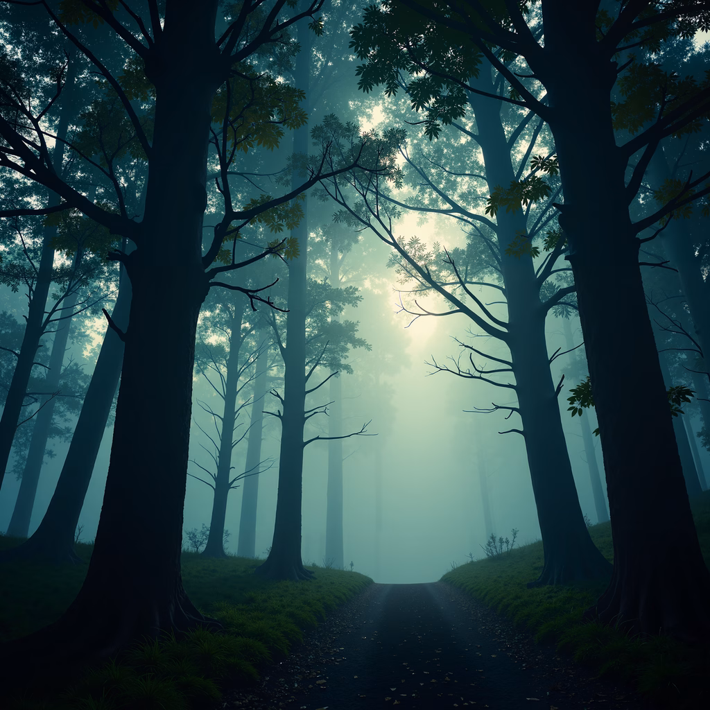 A misty forest path surrounded by tall trees and soft light, evoking tranquility and mystery.