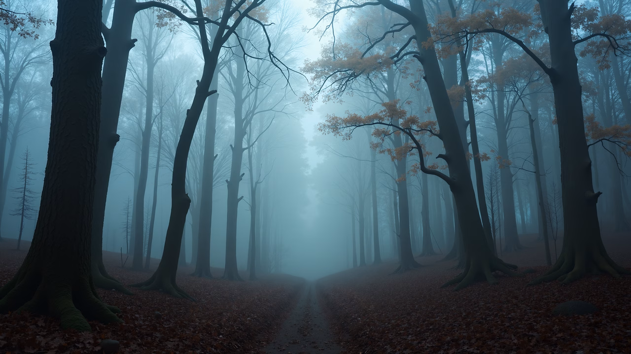 A misty forest path lined with tall trees and autumn leaves, evoking tranquility and mystery.