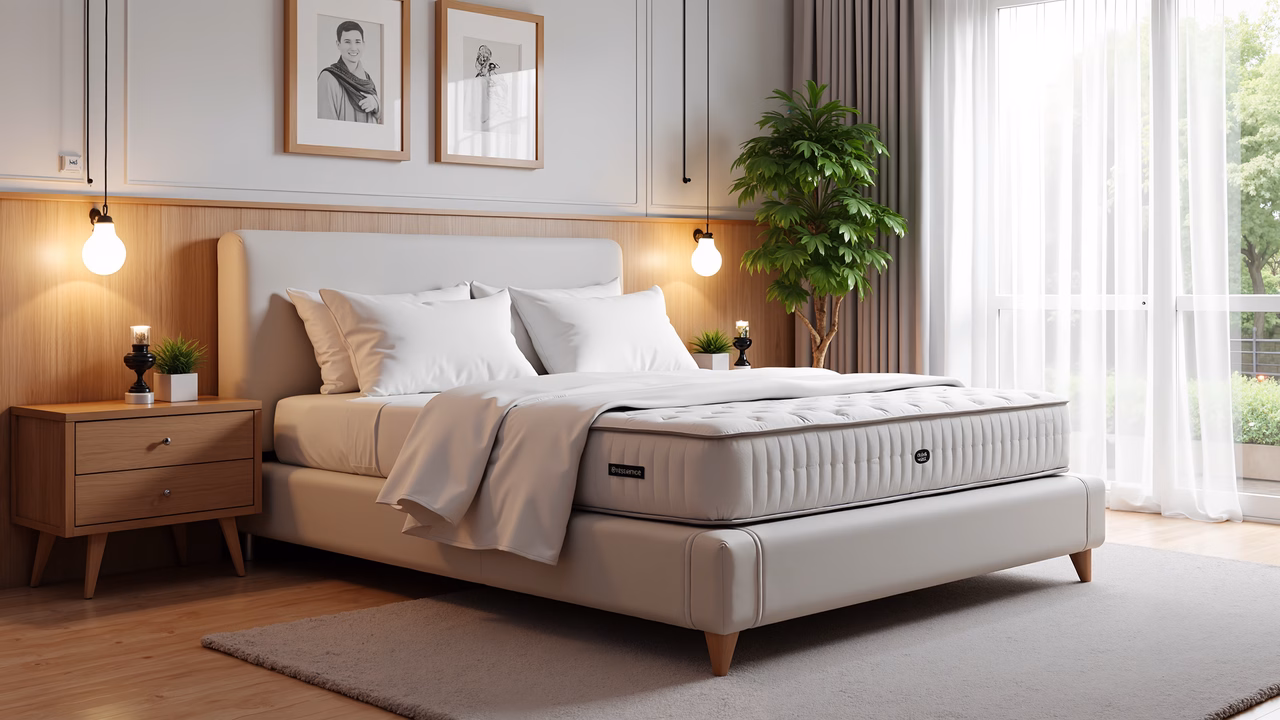 Modern, minimalist bedroom with neutral tones and natural light.