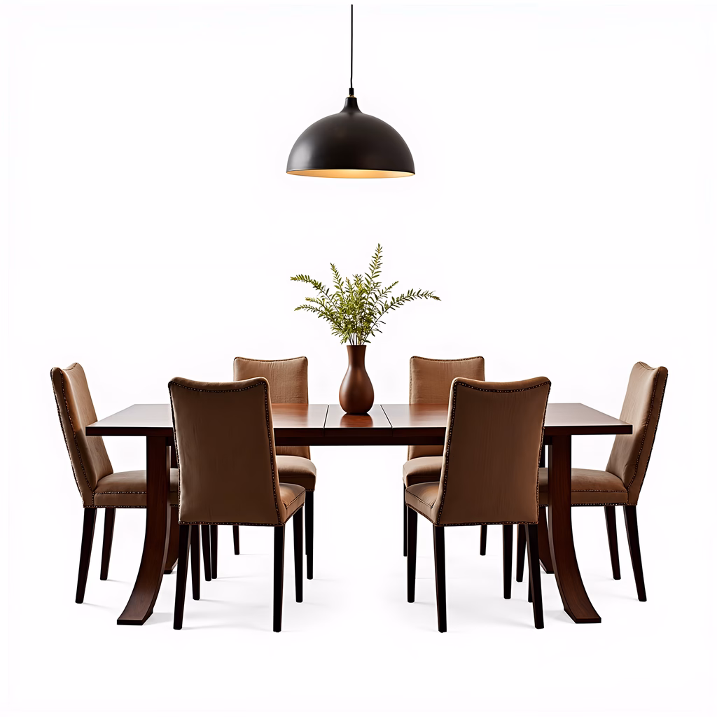A stylish modern dining set with a dark wooden table and upholstered chairs, complemented by a pendant light and greenery.