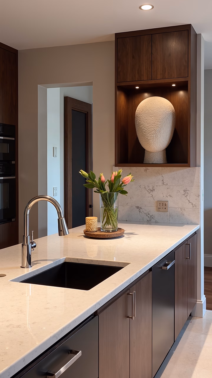 Modern kitchen with dark wood cabinets and marble countertops, featuring a stylish sink and vibrant tulips.