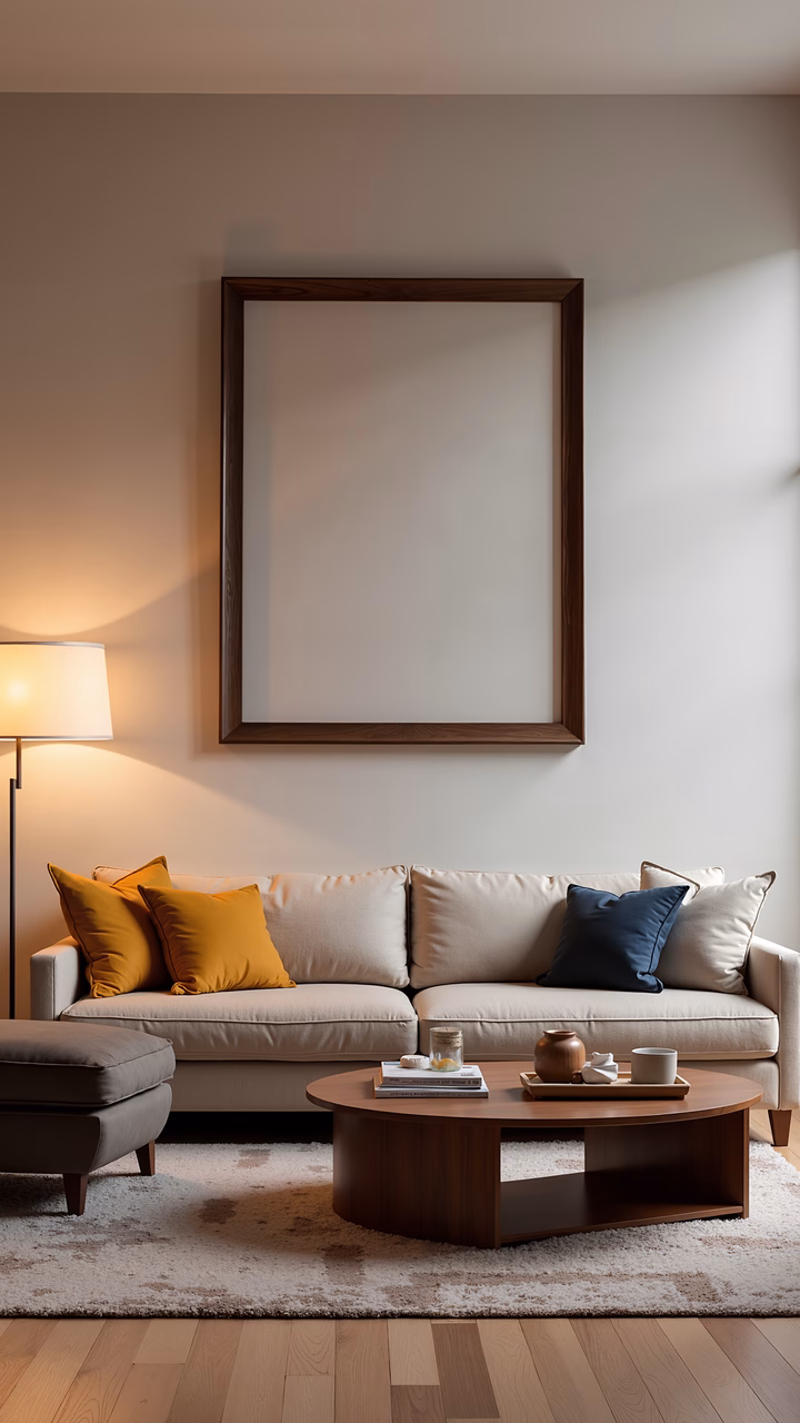 A modern living room with neutral tones and warm lighting, perfect for relaxation.