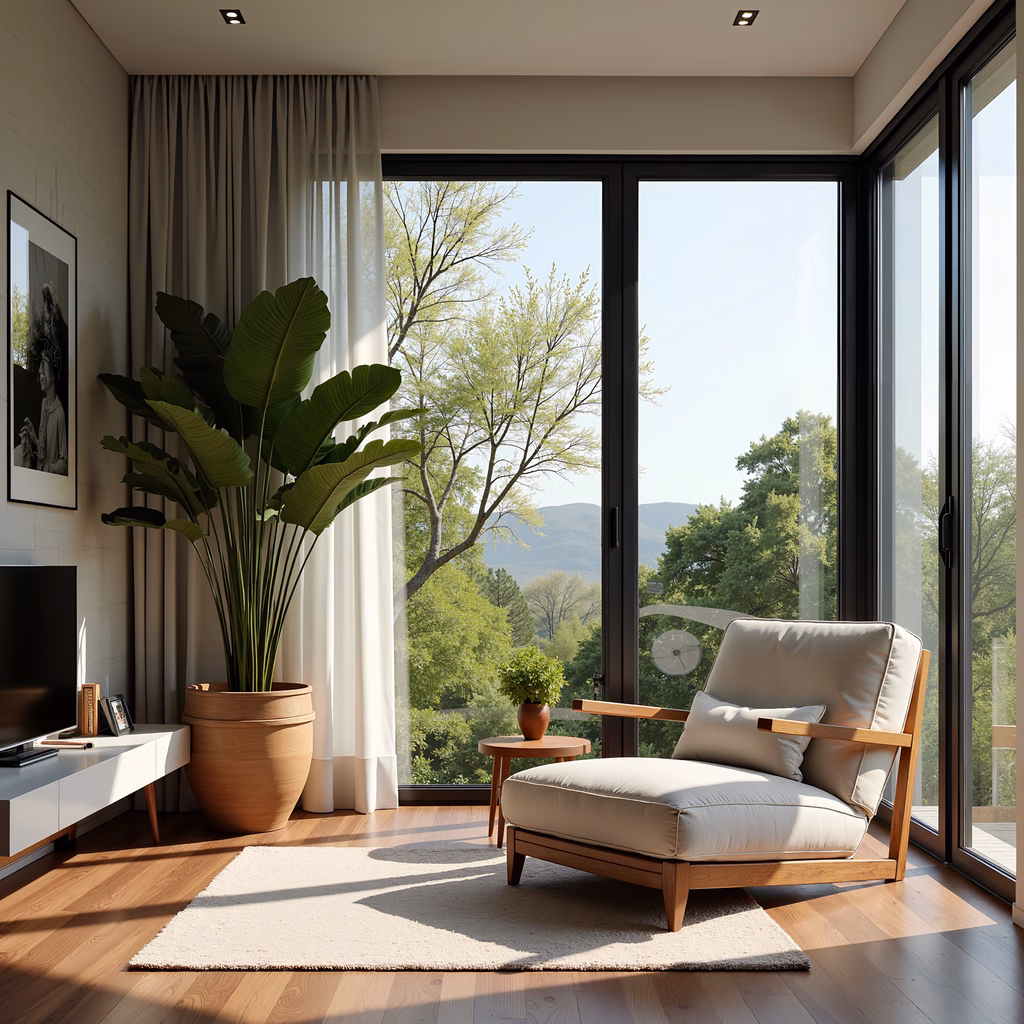 Modern living room with a serene nature view and minimalist decor.