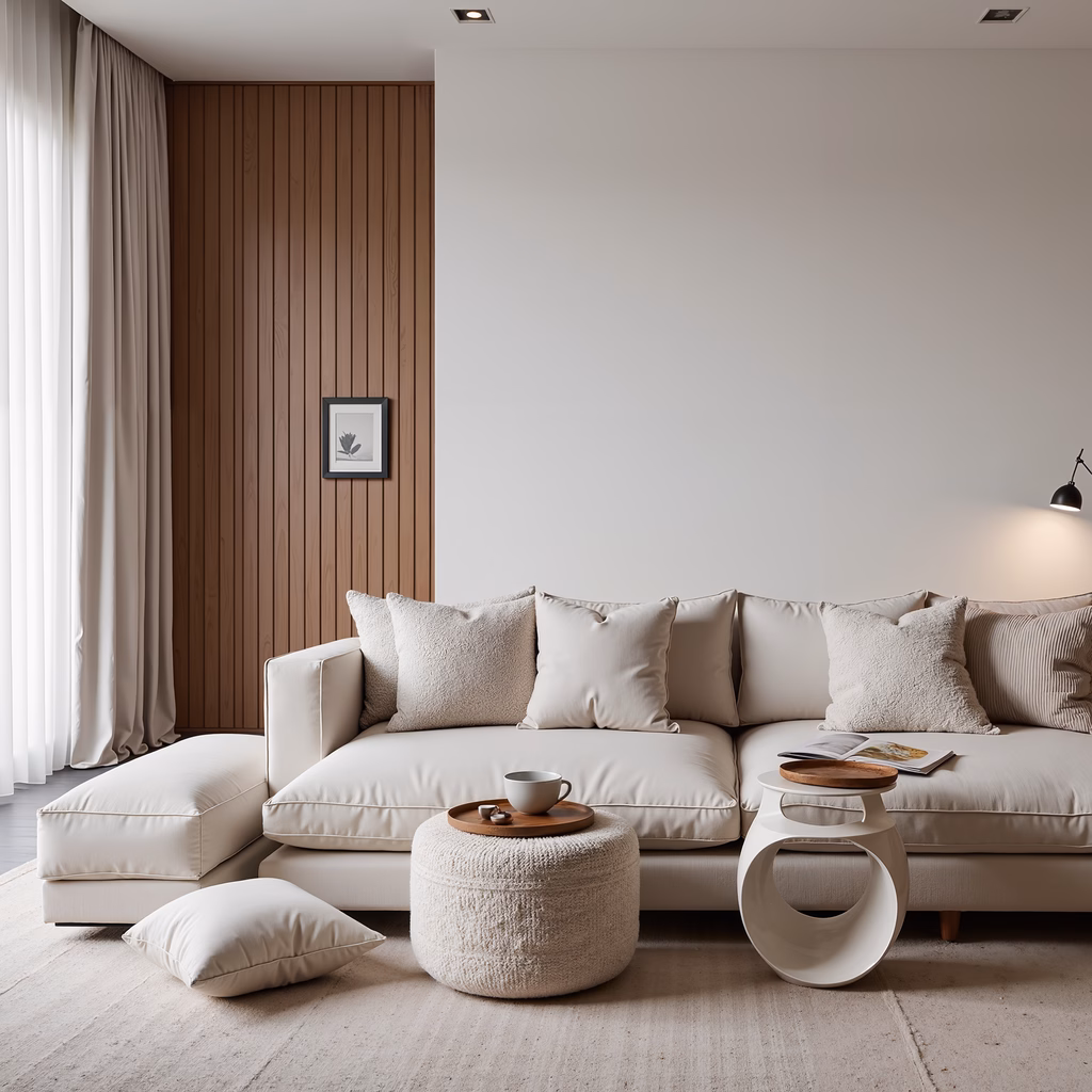 A serene and modern minimalist living room with neutral tones and clean lines.