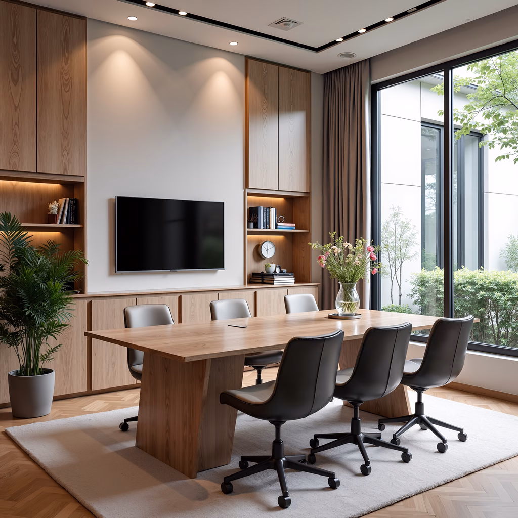 Modern office with wooden furniture and natural light.
