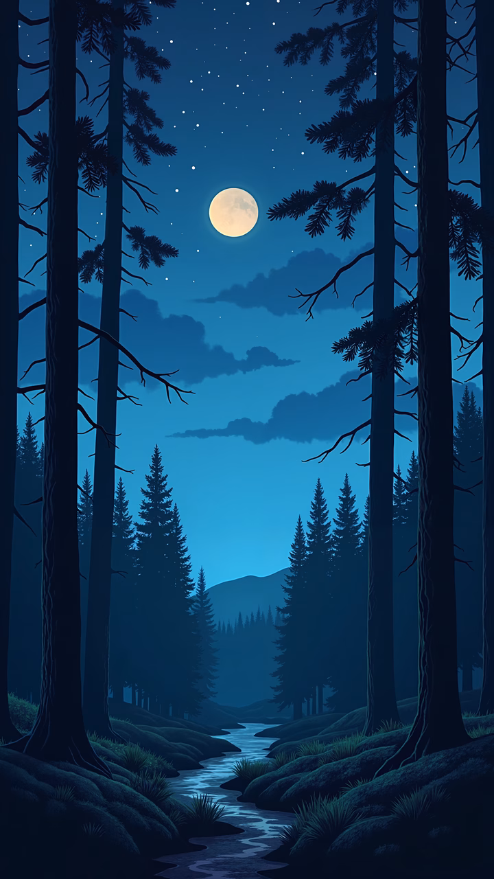 A moonlit forest scene with a serene stream and tall pines under a starry sky.