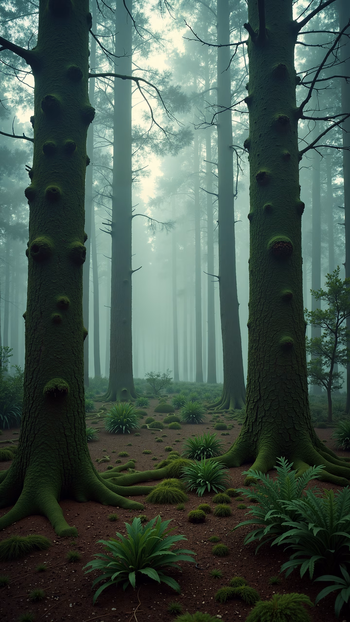 Mystical forest with tall moss-covered trees and lush greenery.
