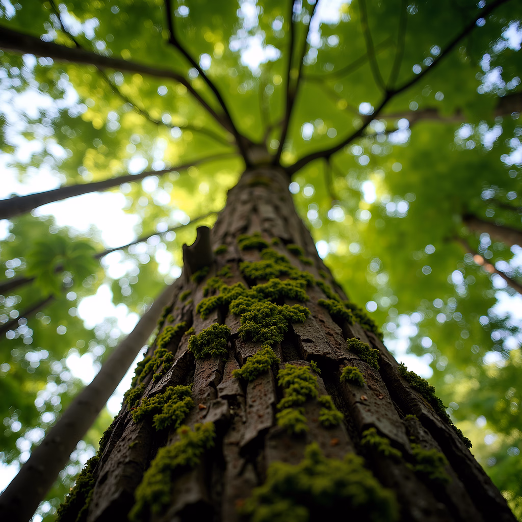 Close-up of moss-covered tree trunk in a serene forest setting.