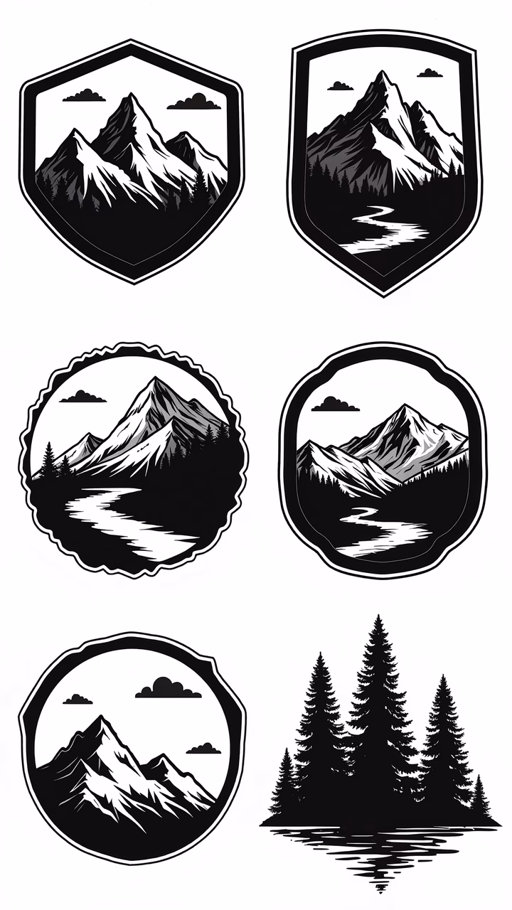Monochrome mountain badges with adventurous and serene vibes.