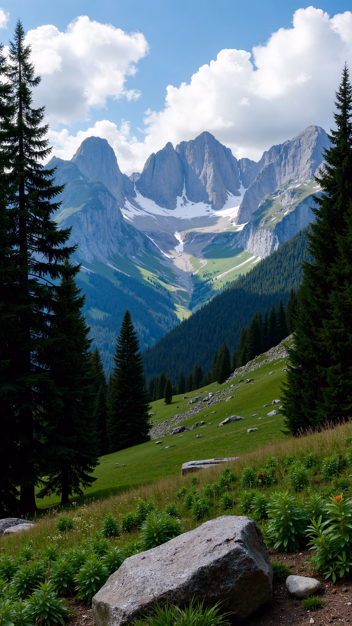 A picturesque mountain scene with vibrant greenery and towering peaks.