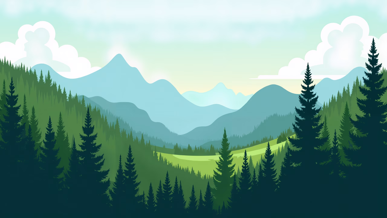 A tranquil mountain landscape with lush forests and rolling hills.