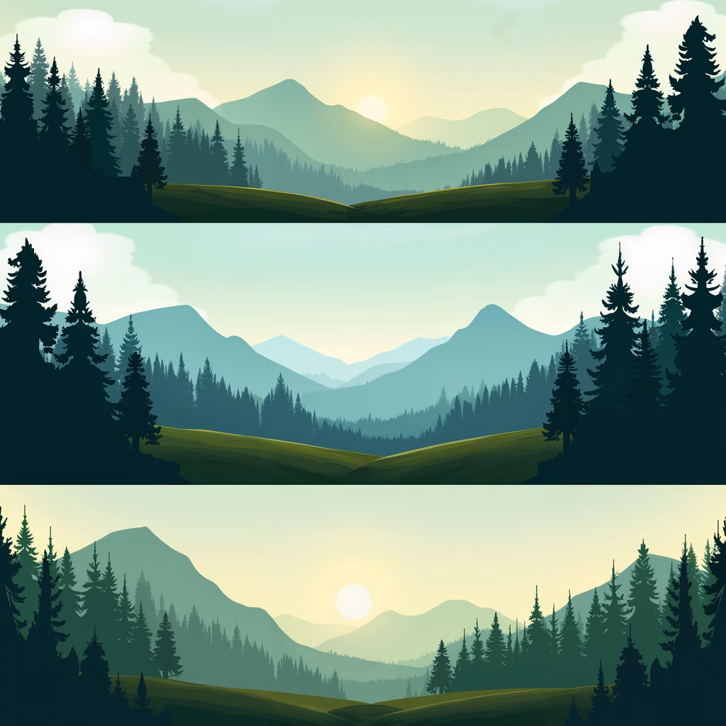 A tranquil mountain landscape with lush forests and rolling hills, rendered in soft greens and blues.