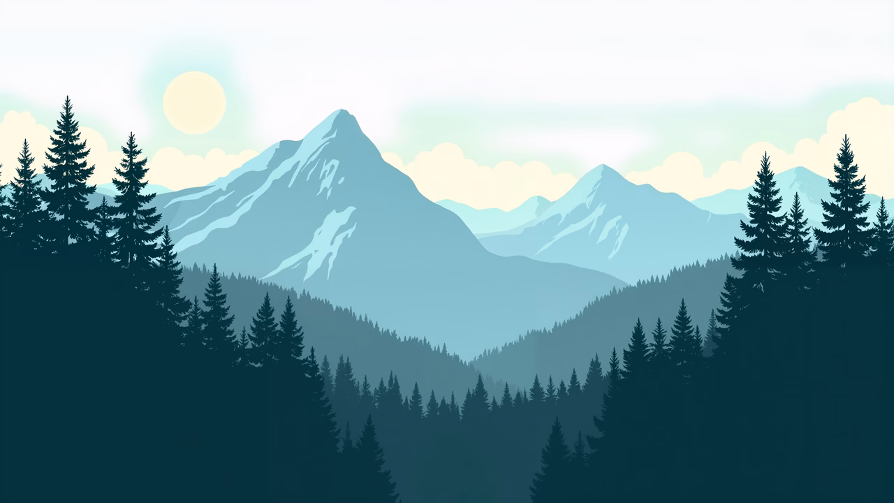 A tranquil mountain landscape with cool tones and stylized elements.