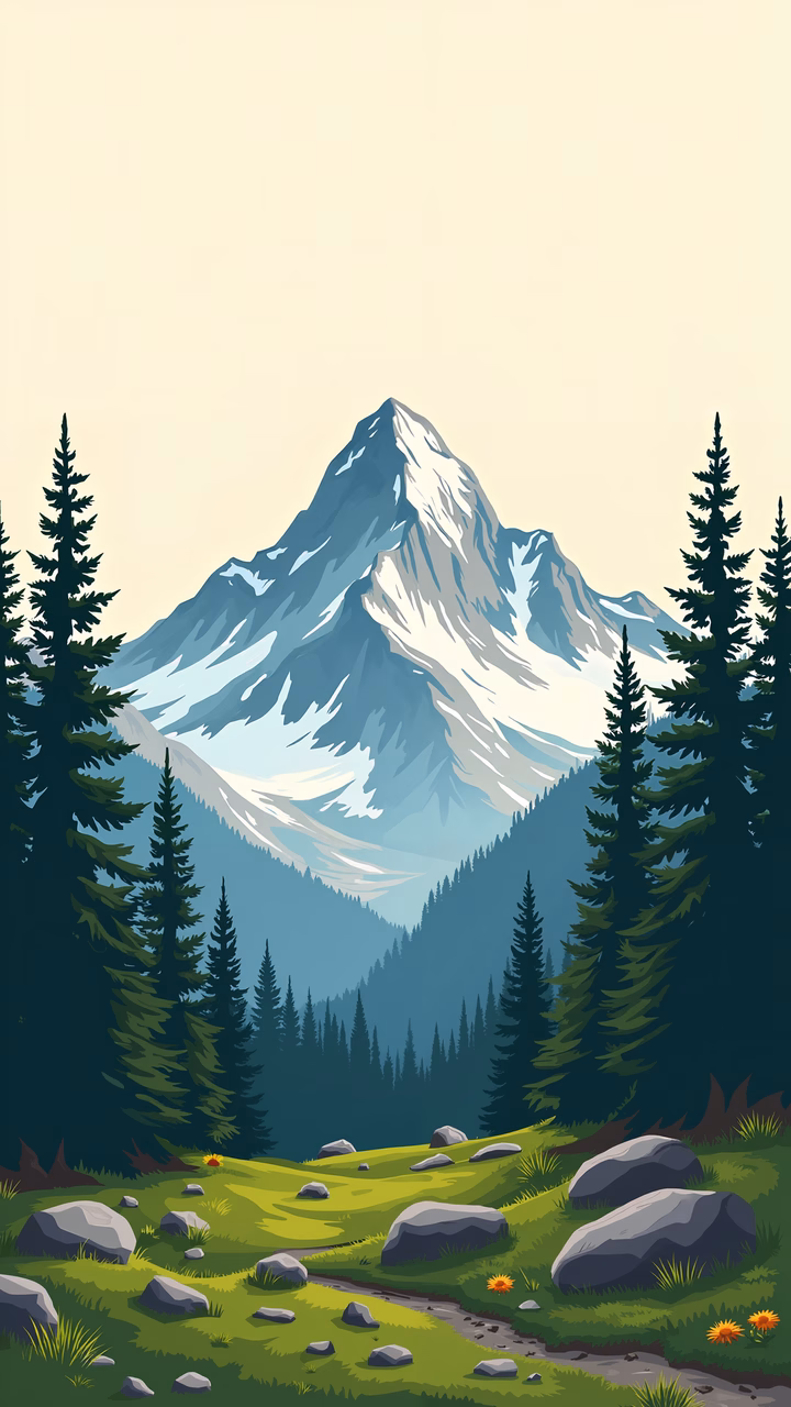 A tranquil mountain landscape with snow-capped peaks and lush greenery.