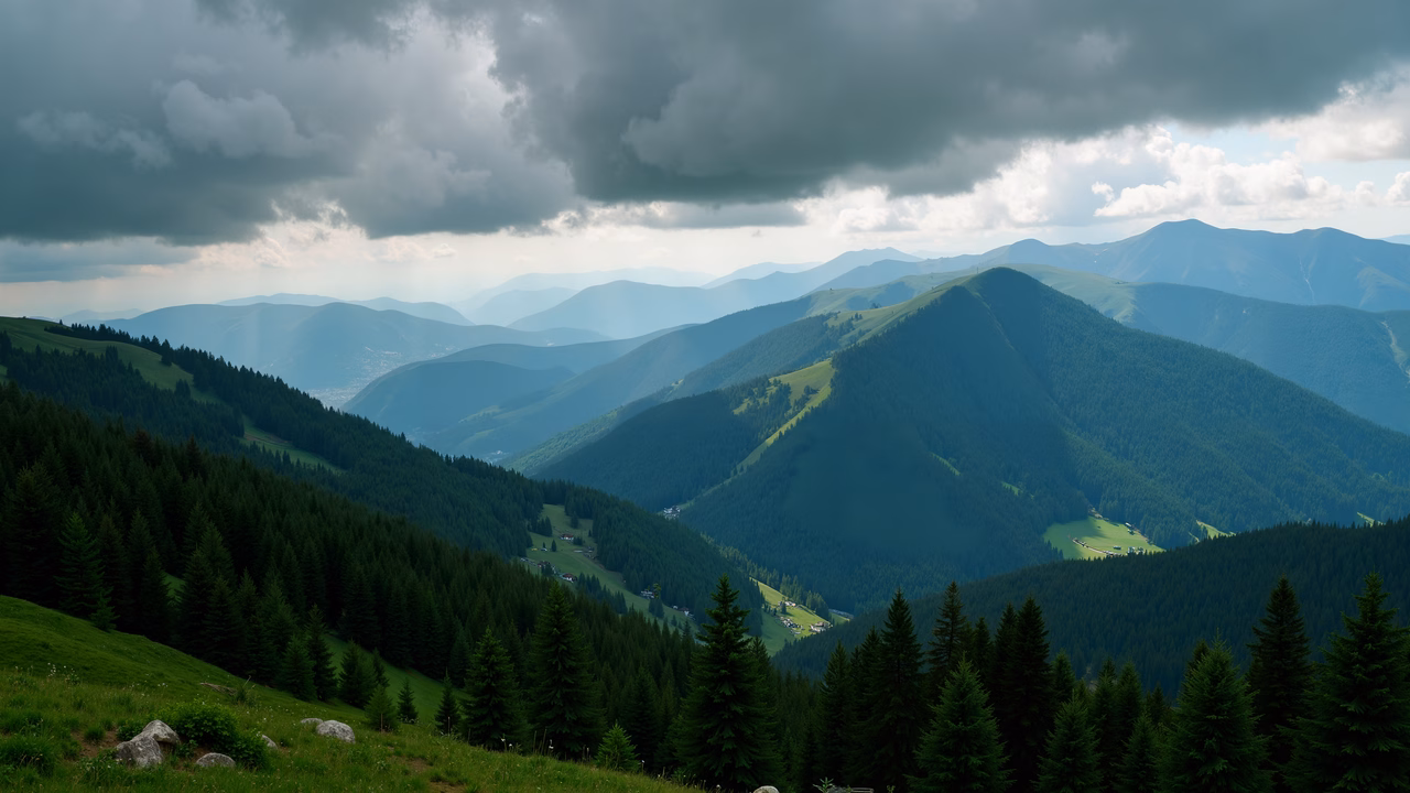A tranquil mountain landscape with lush green forests and dramatic clouds.