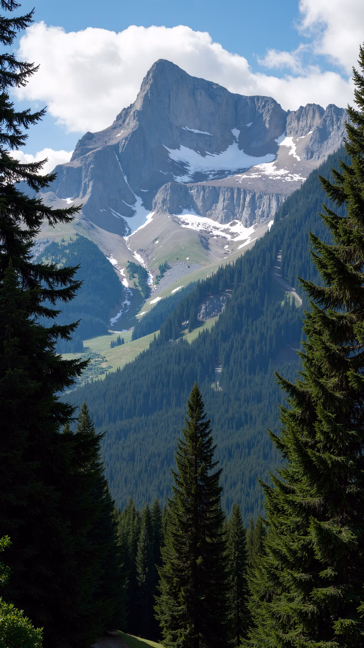 Epic mountain landscape with evergreen trees and snow-capped peaks.