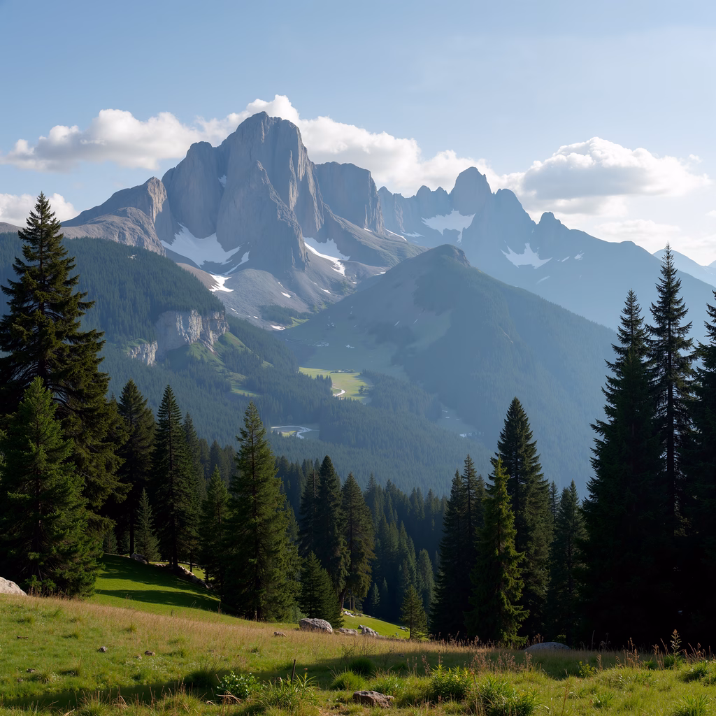 A stunning mountain landscape with snow-capped peaks and verdant meadows.