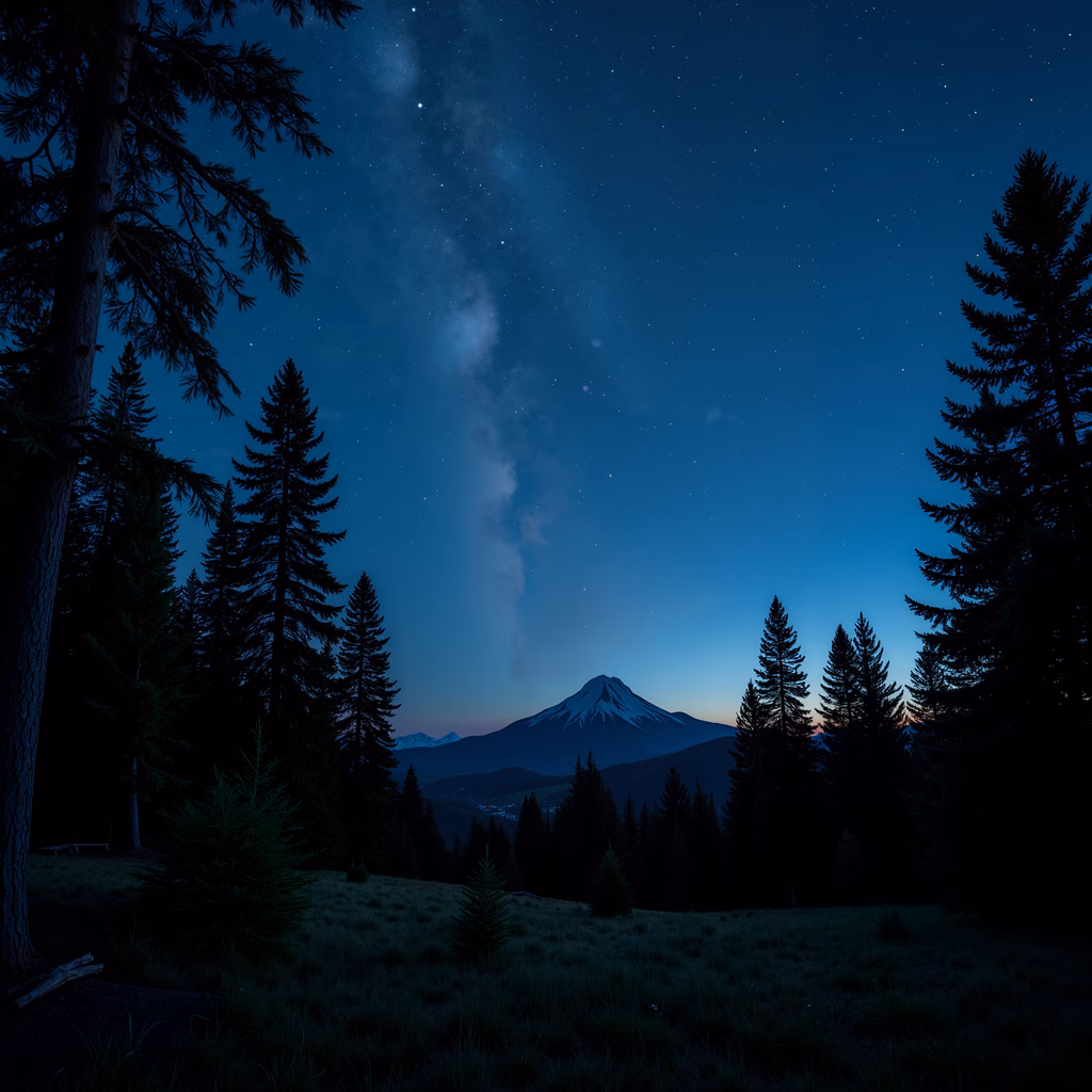 A stunning night view of a snowy mountain with tall trees and the Milky Way.
