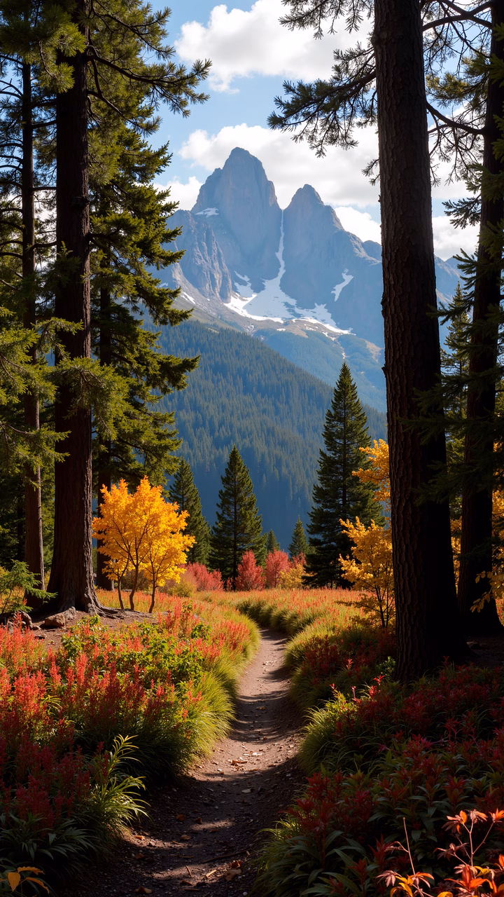 A picturesque pathway surrounded by autumn colors and framed by pine trees, leading to snowy mountains.