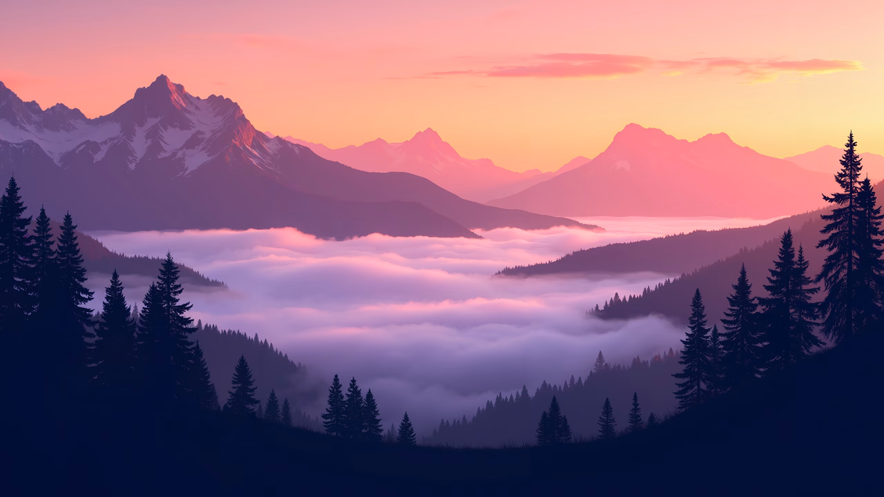 A tranquil mountain landscape at dawn, featuring snow-capped peaks and misty valleys.