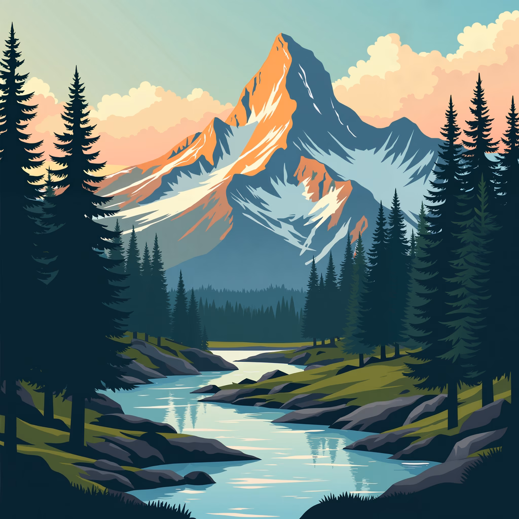 A peaceful mountain landscape with towering peaks and a reflective river under a warm sky.