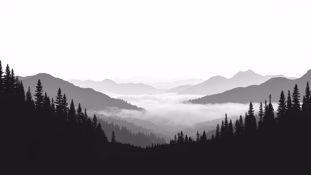 Stark black-and-white silhouette of a tranquil mountain landscape