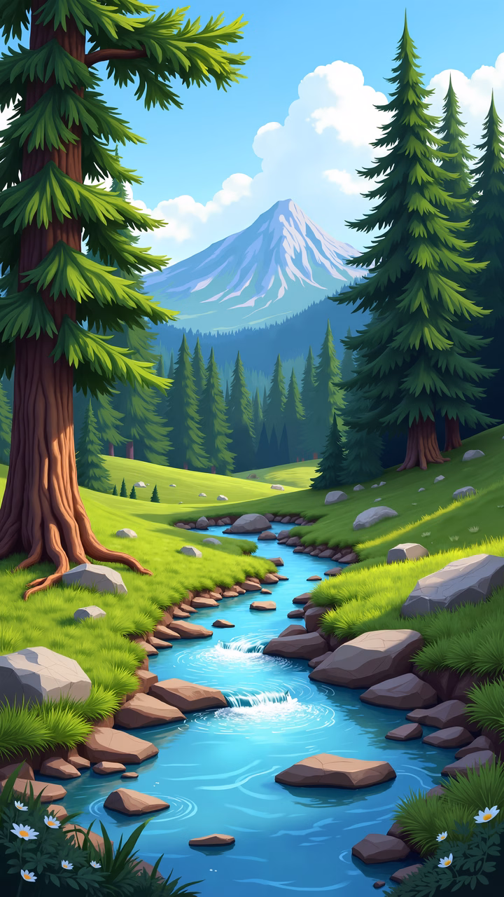 A peaceful mountain stream surrounded by greenery and a snowy peak.