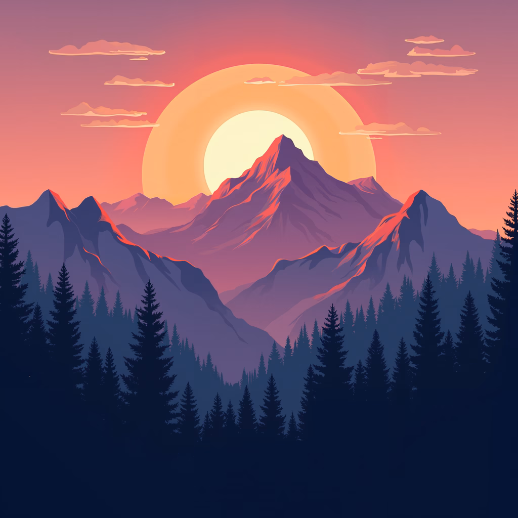 A tranquil mountain sunset scene with vibrant colors and sharp lines.