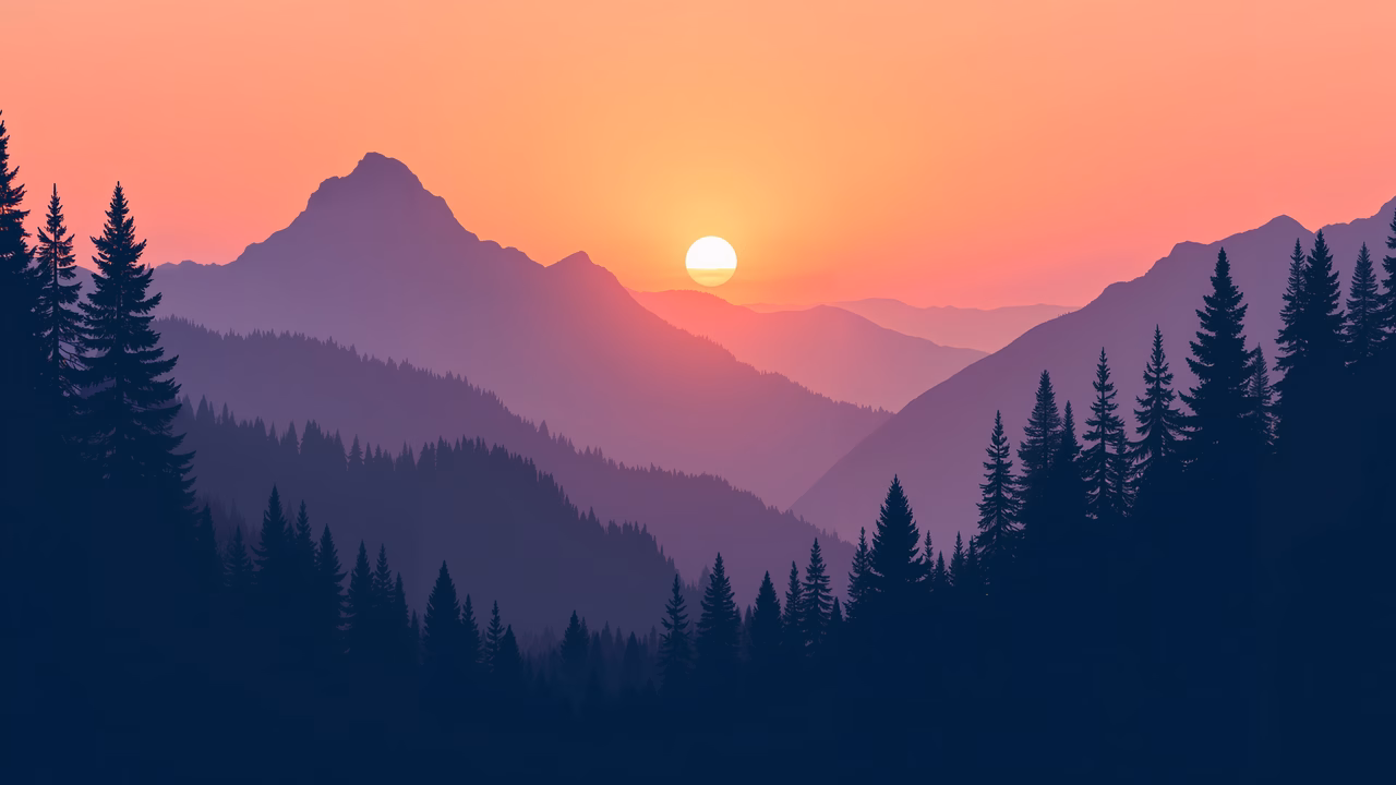 A tranquil sunset over a mountainous landscape with silhouetted pine trees.