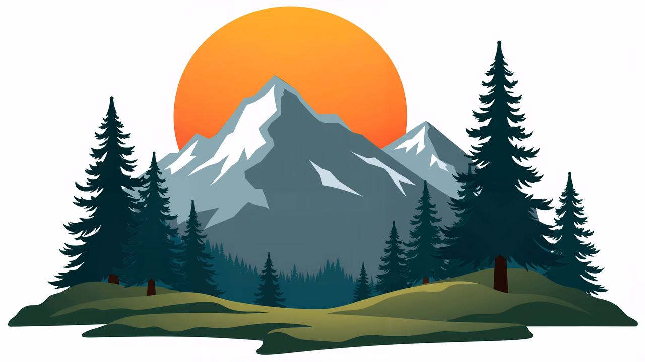 A peaceful mountain sunset with snow-capped peaks and evergreen trees.
