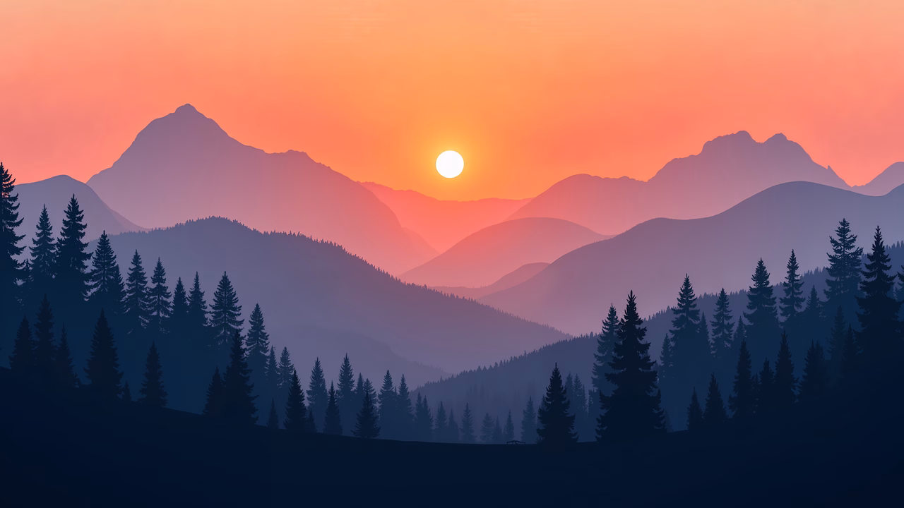 A tranquil sunset scene with mountains and trees silhouetted against a warm sky.