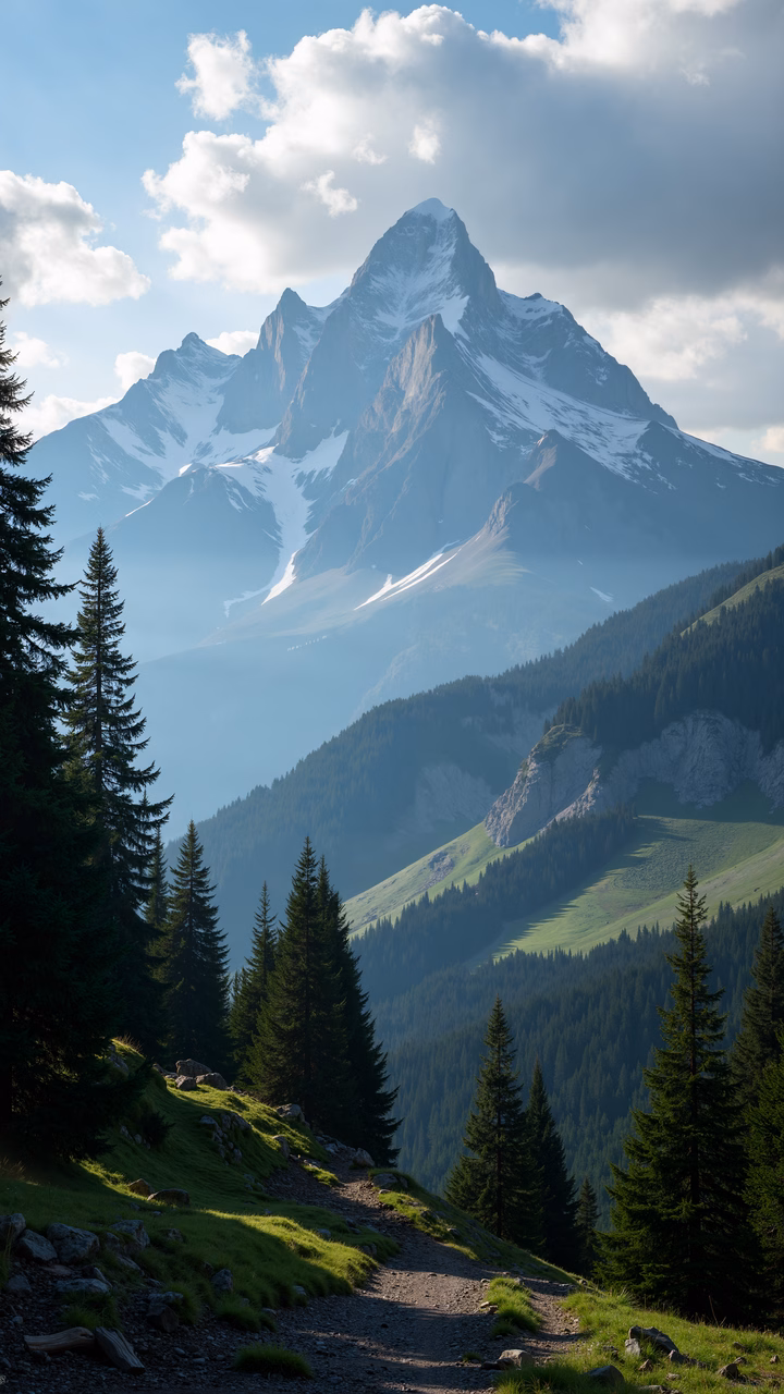 A picturesque mountain trail surrounded by verdant forests and towering snow-capped peaks.