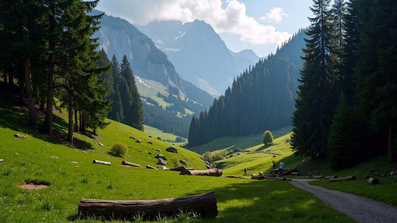 A tranquil mountain valley with vibrant greenery and distant peaks under a clear sky.