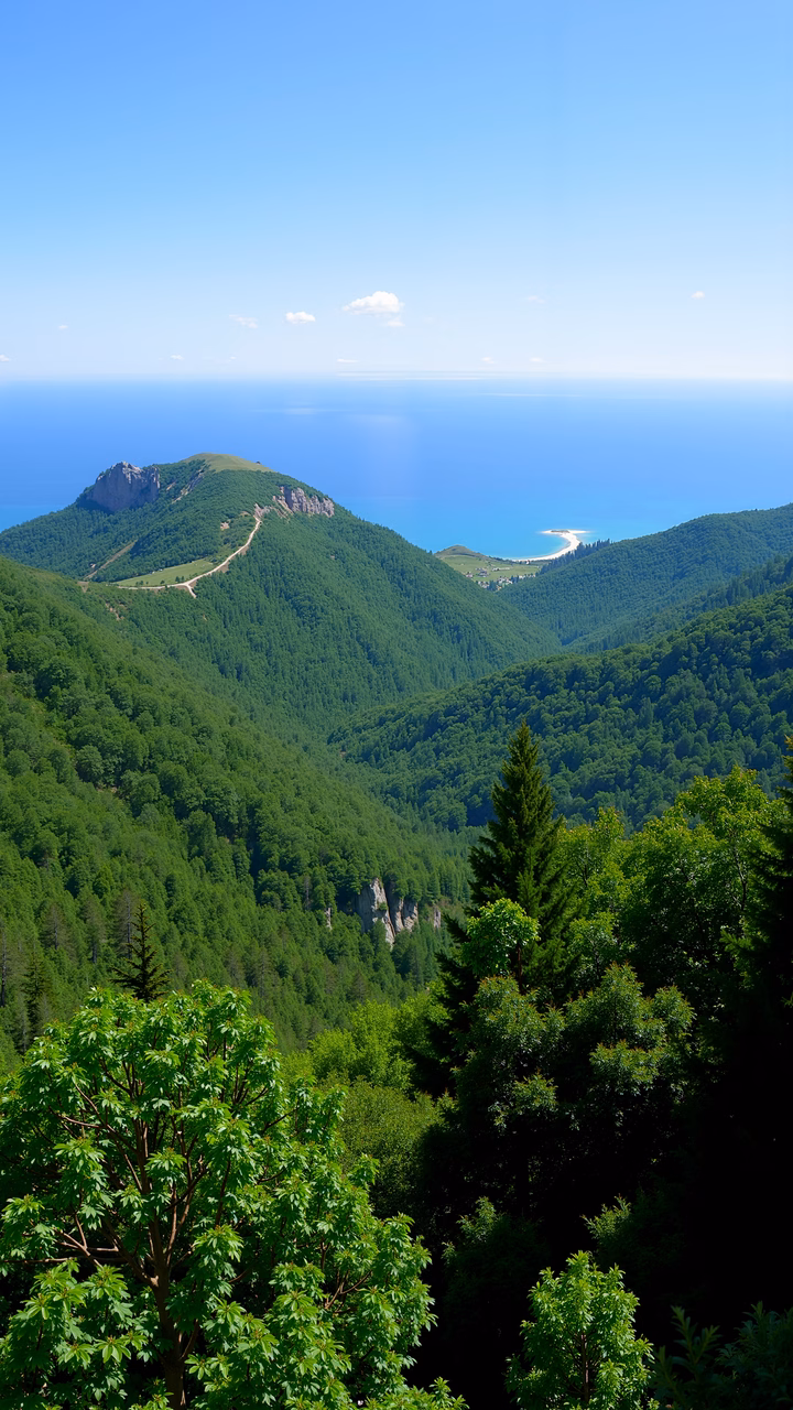 A tranquil mountain valley with lush greenery and a blue sea under a clear sky.