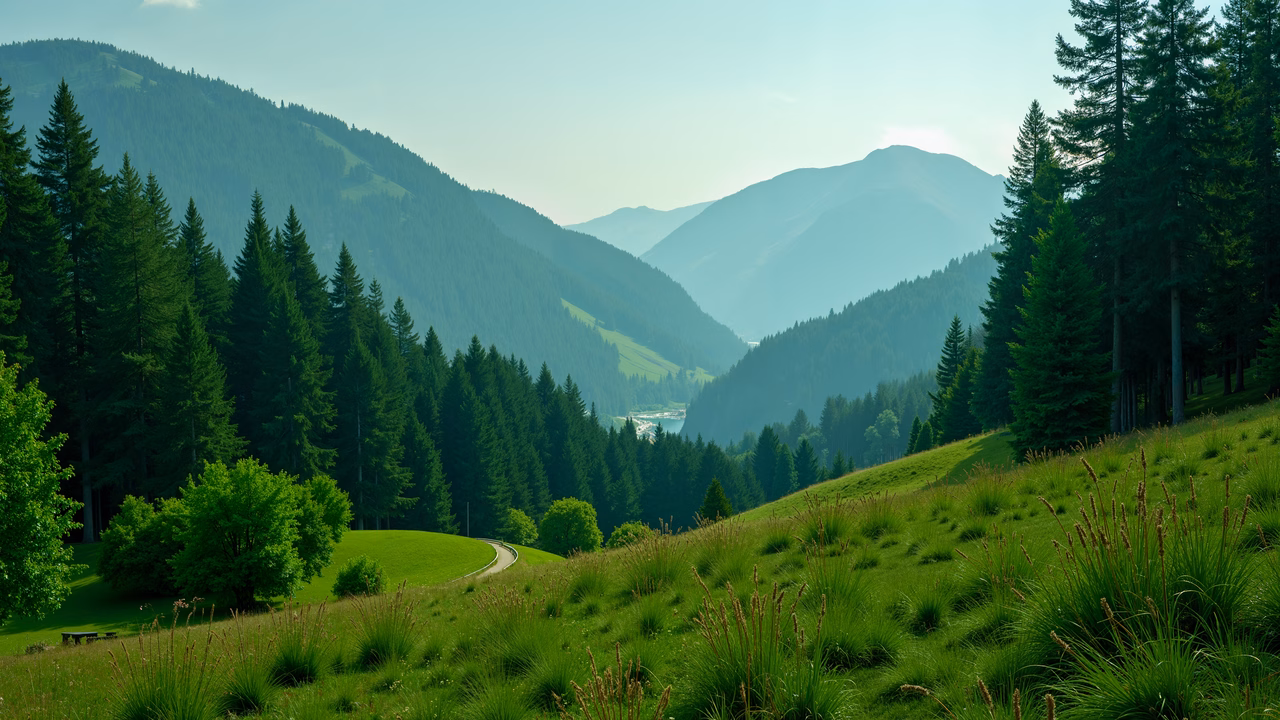A picturesque mountain valley with vibrant greenery and a winding path.