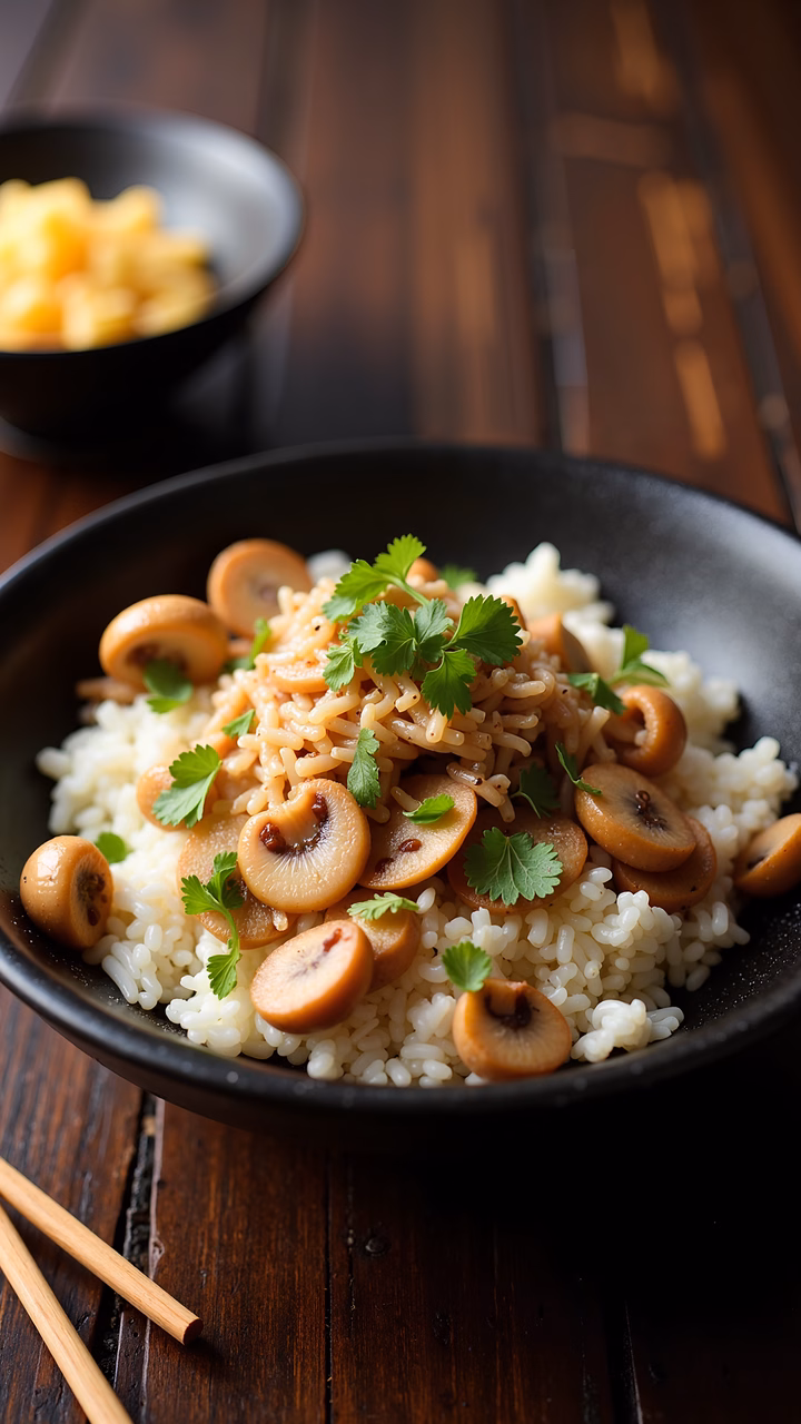Creamy mushroom risotto with parsley garnish on a wooden table.