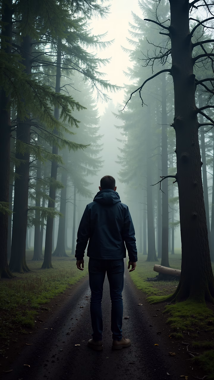 Solitary figure at a forest crossroads, enveloped in misty green tones.