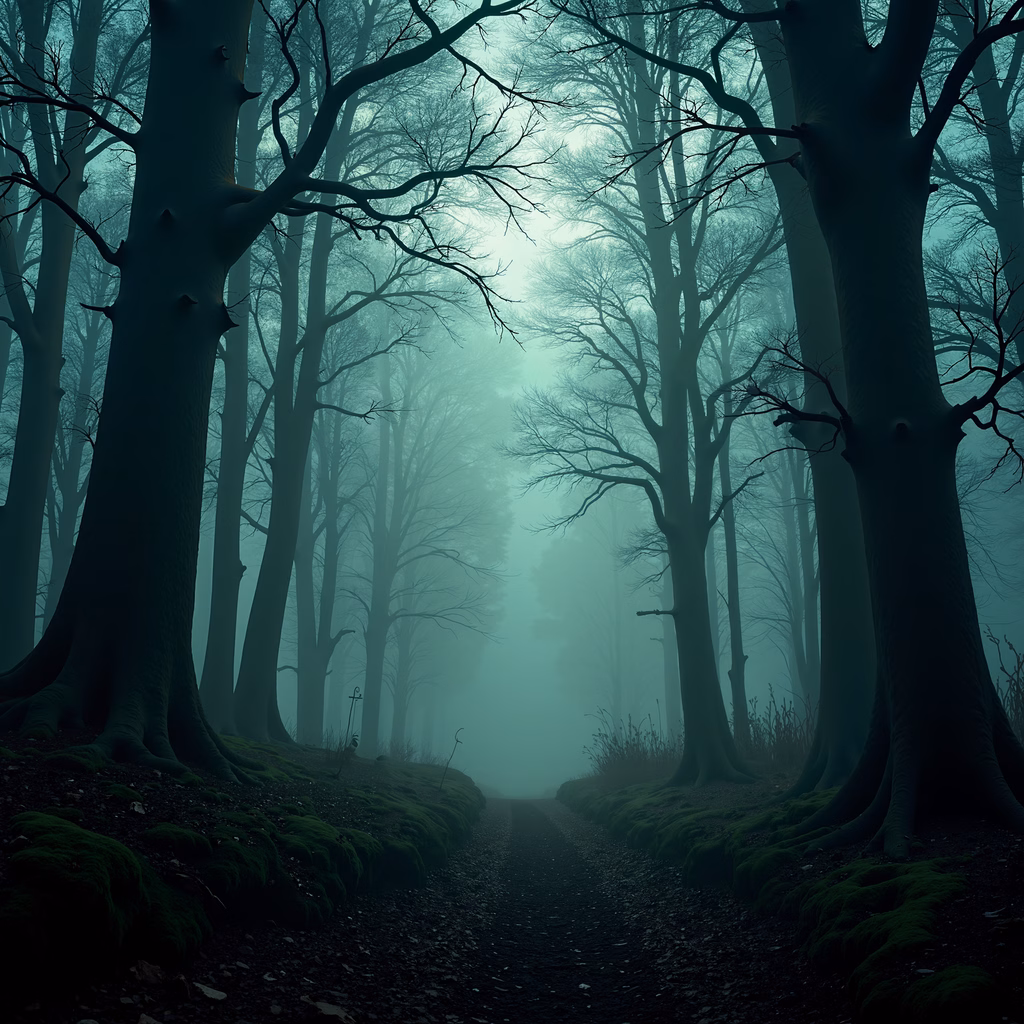 Mysterious forest path with gnarled trees and moss-covered ground, evoking suspense and intrigue.