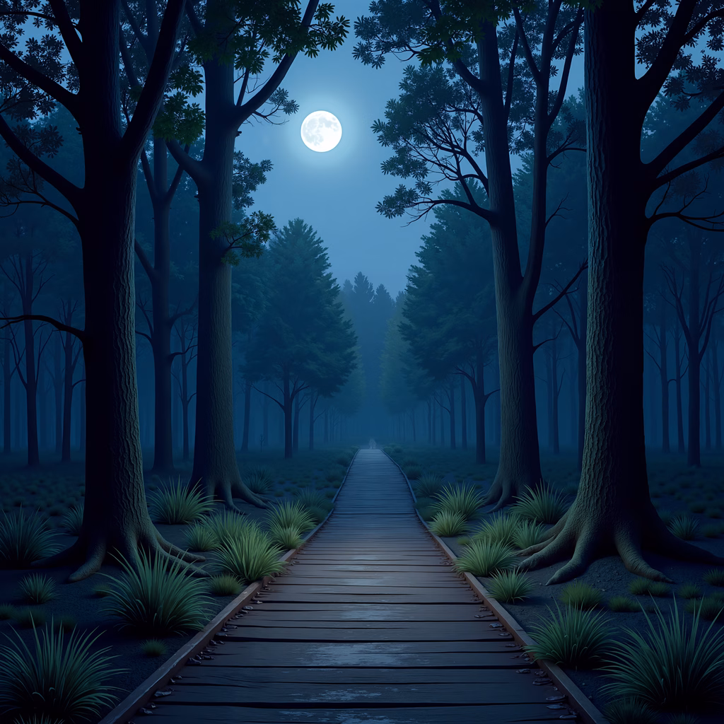 A peaceful nighttime journey through a mystical forest path under a full moon.
