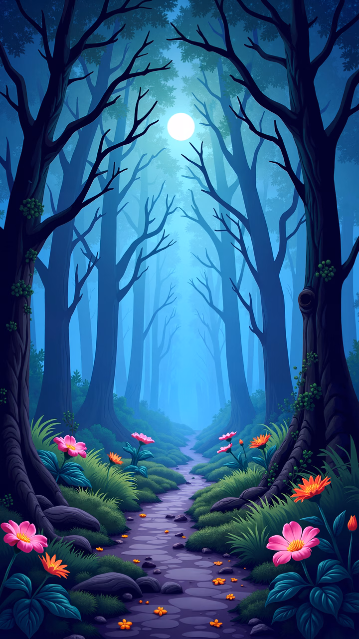 A magical forest path illuminated by the moon, featuring vibrant flowers and towering trees.