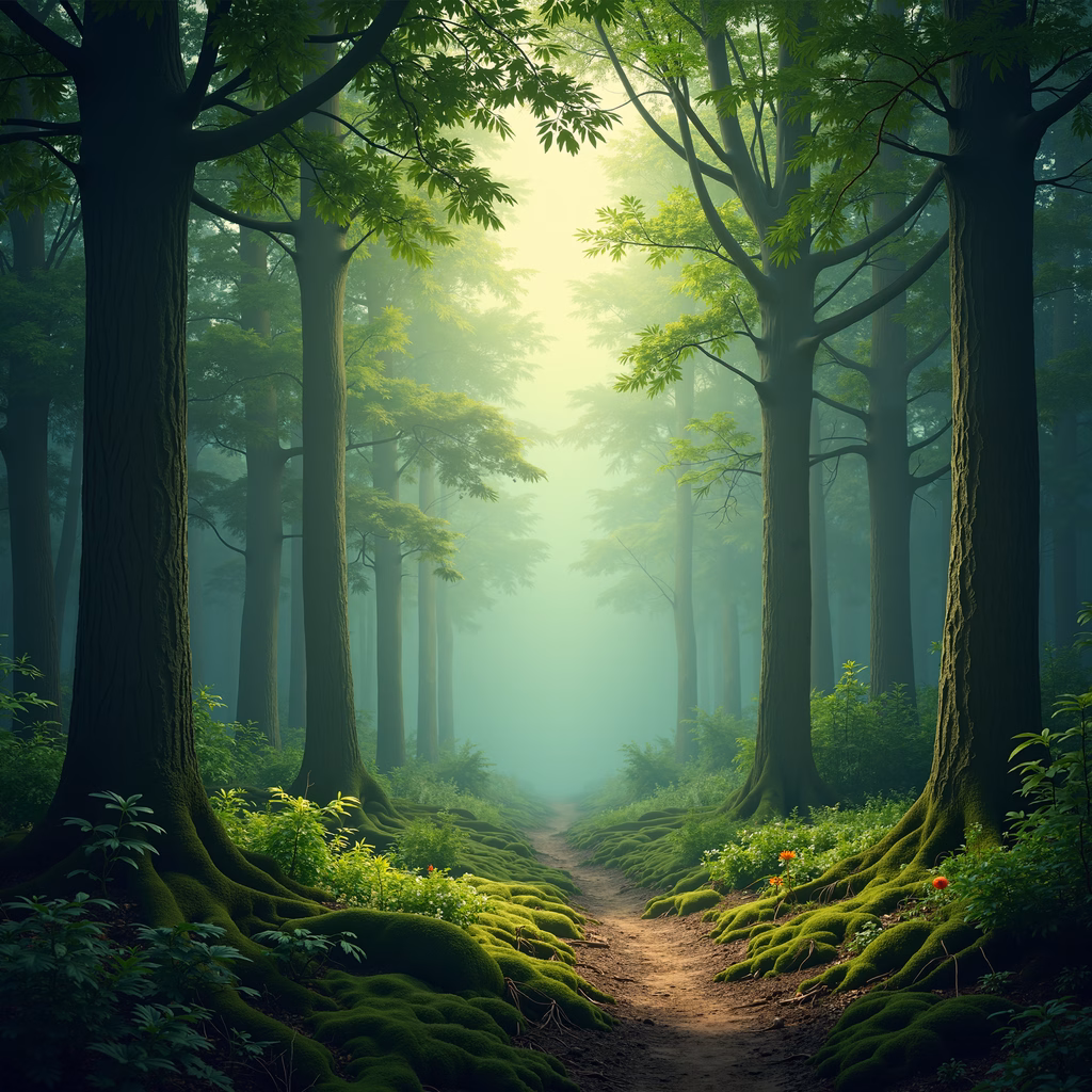 A mystical forest path surrounded by tall trees and vibrant greenery, bathed in soft light.