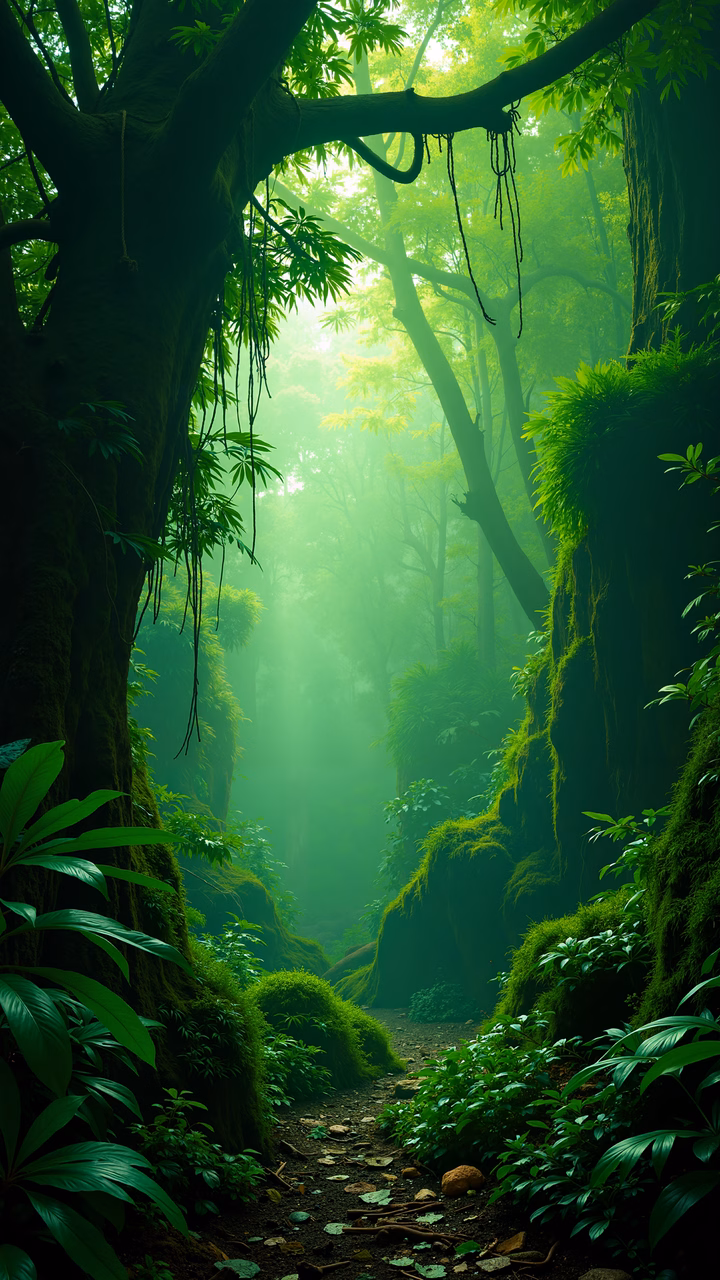 A mystical forest path surrounded by lush greenery and diffused light, creating a serene and magical atmosphere.