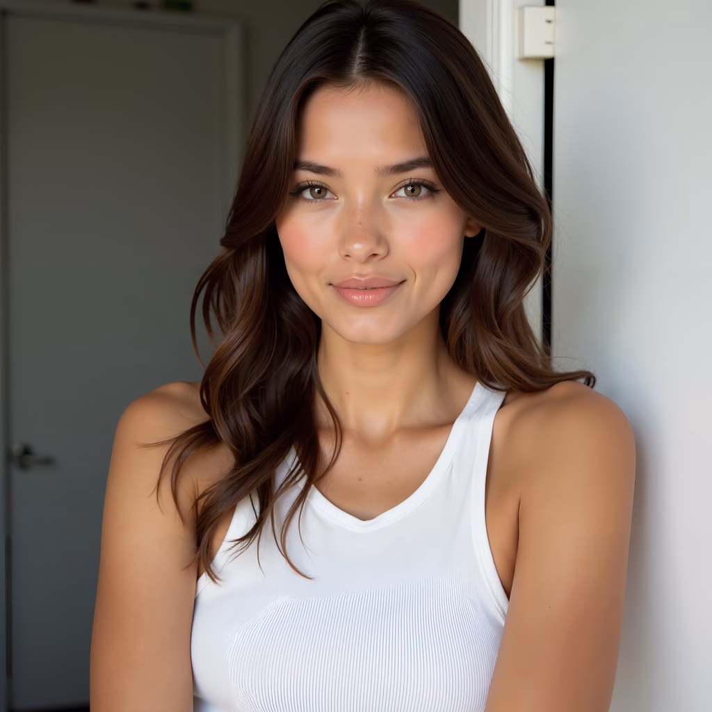 Close-up portrait of a woman with natural beauty and soft lighting.