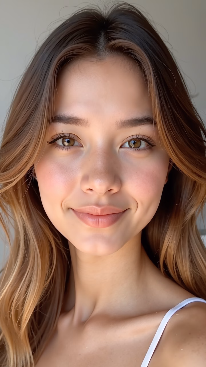 Close-up portrait of natural beauty with soft lighting and subtle makeup.