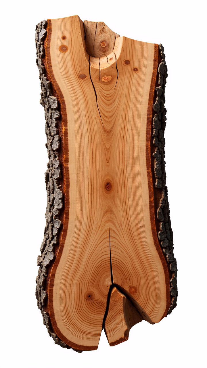 A detailed illustration of a natural wood slice with intricate grain patterns and rugged bark edges.