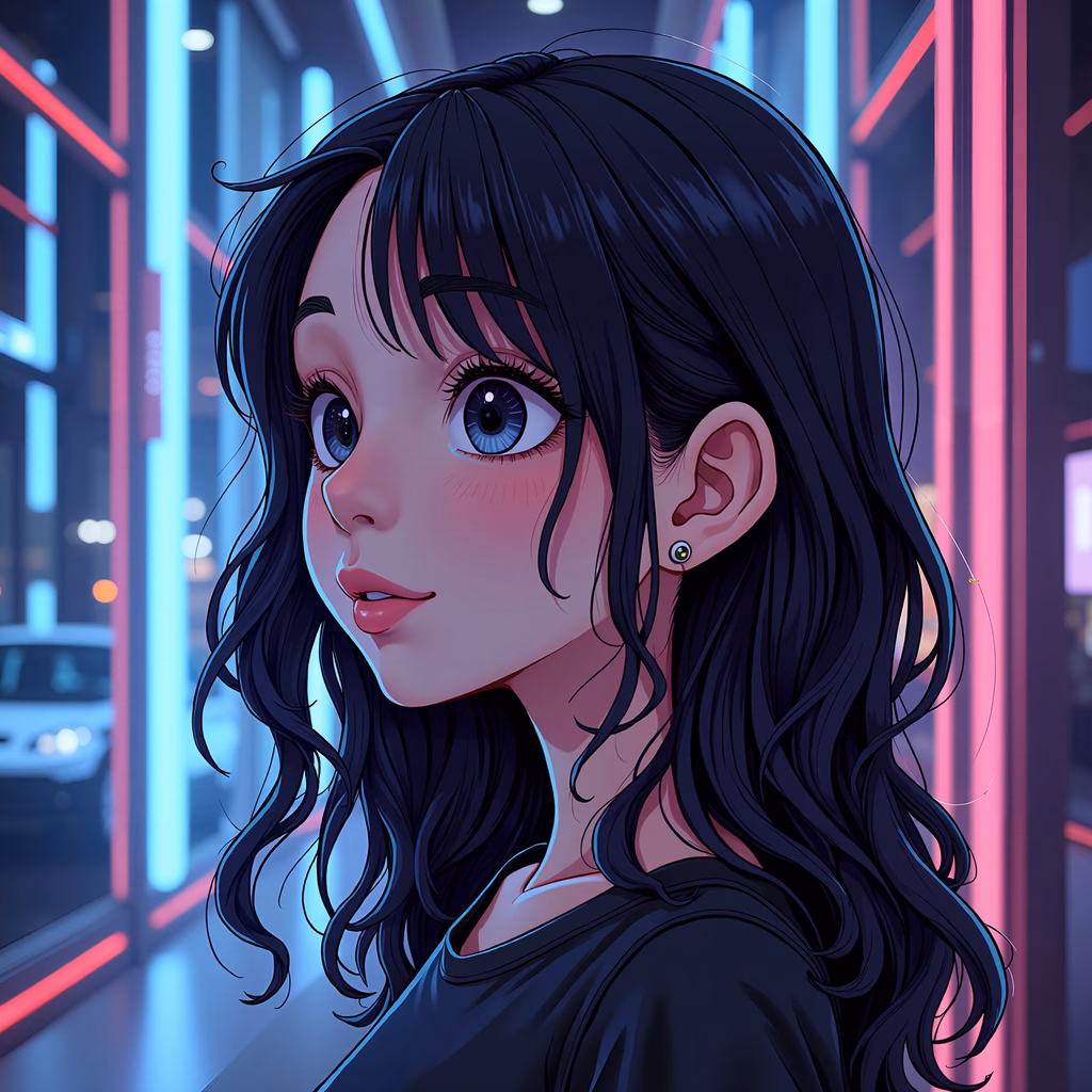 Vibrant neon city girl in anime-inspired digital art.