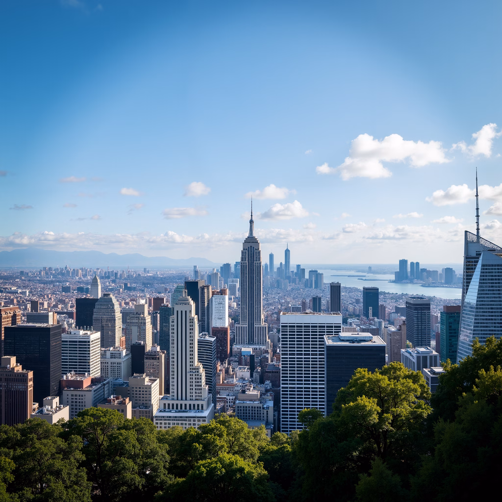 Elevated view of New York City skyline with Empire State Building and lush greenery.