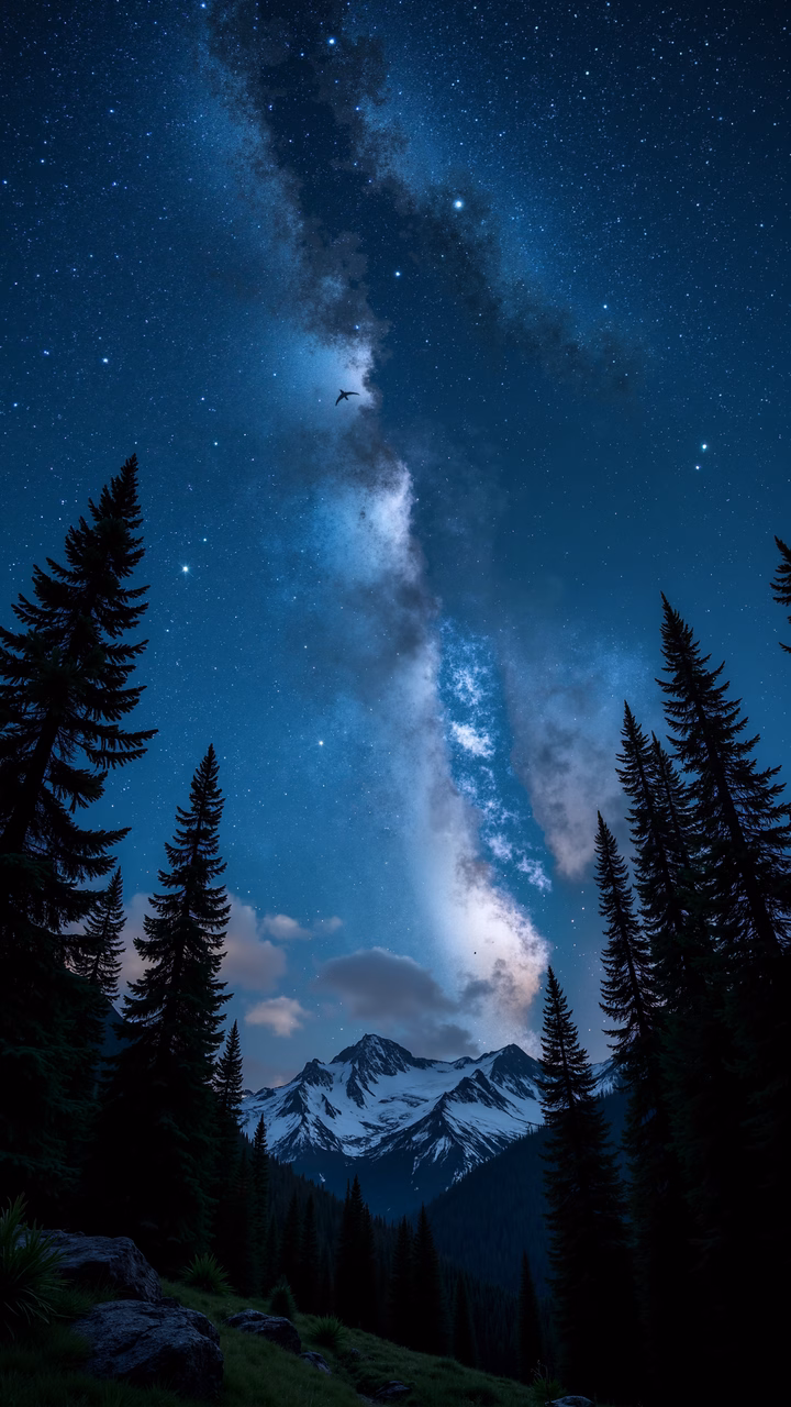 A stunning night sky with the Milky Way over snowy mountains and evergreen trees.