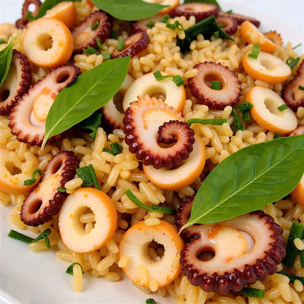 A mouth-watering octopus and orzo salad garnished with basil and green onions.