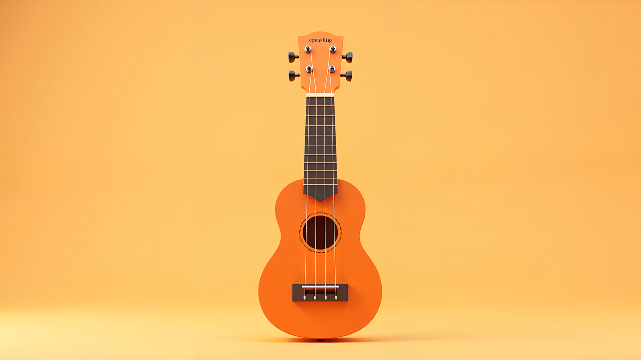 Bright orange ukulele illustration with a cheerful and minimalist design.